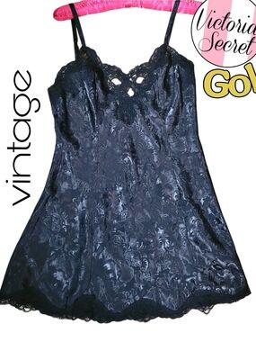 1980s Gold Label Victoria's Secret Black Lace Slip Dress Black On Black Floral P